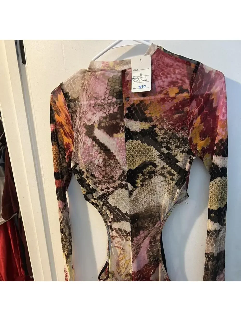 KToo multi-colored snakeskin print mesh jumpsuit with zipper and cut out hips